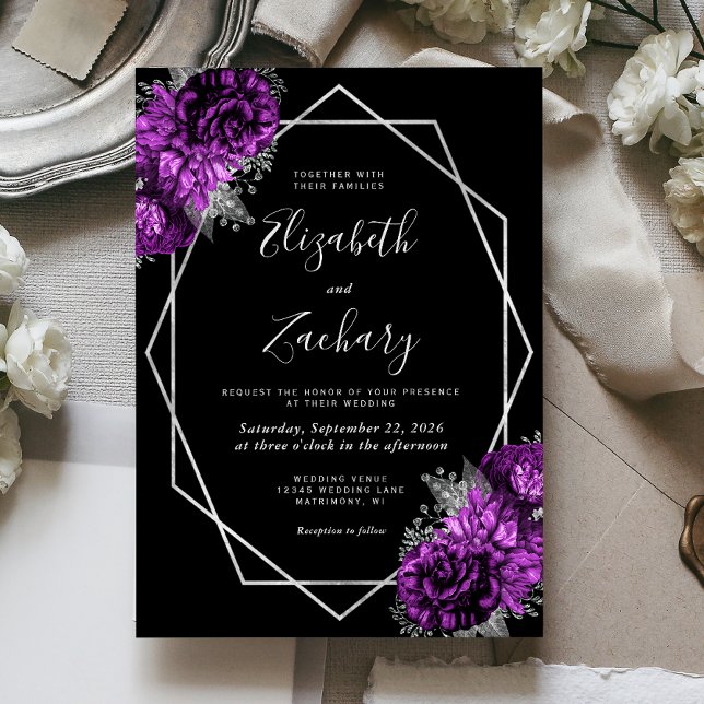 Invitation Mariage Noir Fleur Argent Plum Pourpre (Créateur téléchargé)
