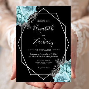 Invitation Mariage Noir Floral Argent Bleu Aqua