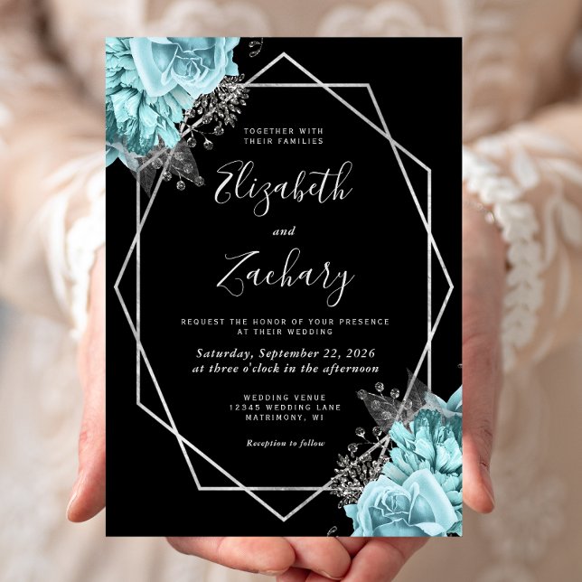 Invitation Mariage Noir Floral Argent Bleu Aqua (Créateur téléchargé)