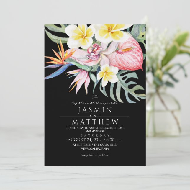 Invitation Mariage noir floral botanique tropical (Debout devant)