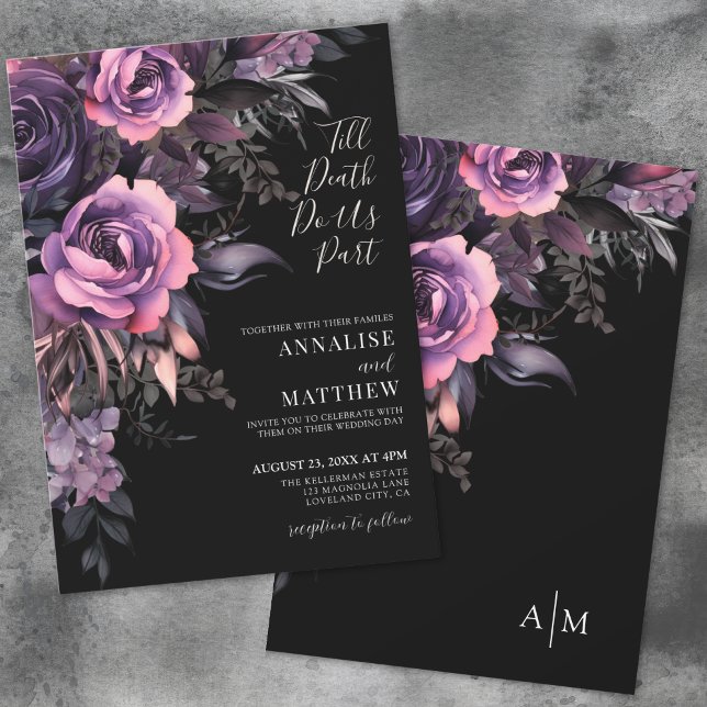 Invitation Mariage noir floral gothique moderne (Modern Gothic Floral Black Wedding Invitation)
