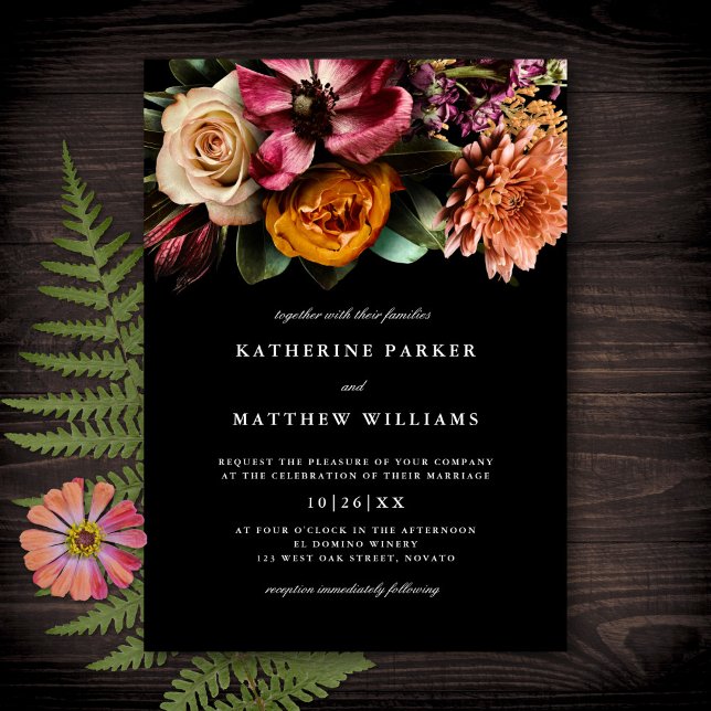 Invitation Mariage noir foncé + Moody élégant Floral (Créateur téléchargé)