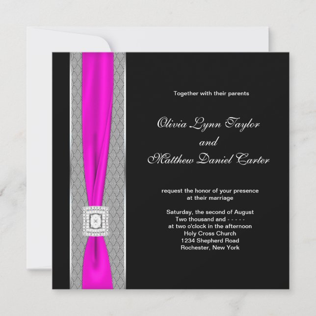 Invitation Mariage noir fuchsia rose chaud (Devant)