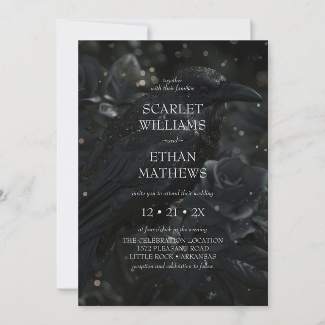 Invitation Mariage noir gothique élégant corbeau & rose (Devant)