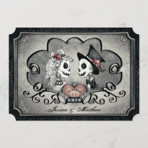 Invitation Mariage noir gris de coeur de squelettes "ainsi