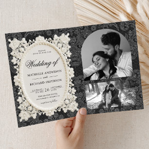 Invitation Mariage noir ivoire dentelle Broderie anglaise vin