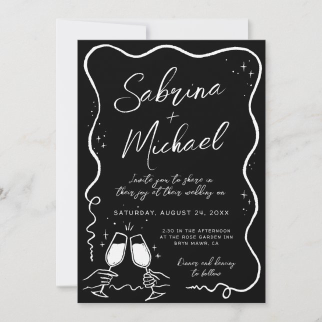 Invitation Mariage noir lunaire à la main tiré (Devant)
