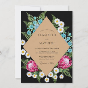 Invitation Mariage Noir Magenta Protéa Sauge