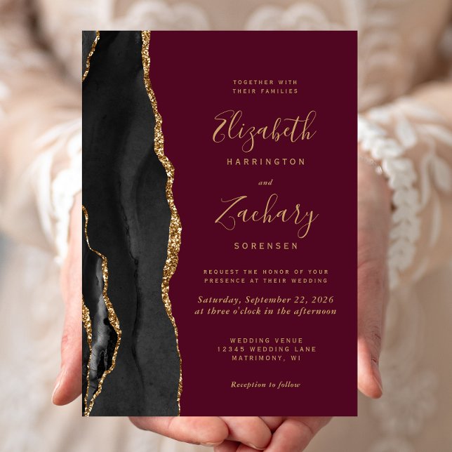 Invitation Mariage Noir Or Agate Bordeaux Rouge (Créateur téléchargé)