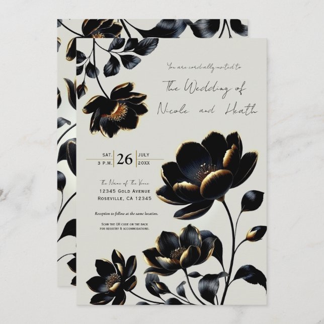 Invitation Mariage noir & or Floral Greige (Devant / Derrière)