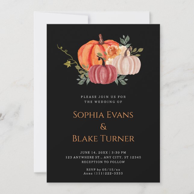 Invitation Mariage noir orange violet blanc Citrouille (Devant)