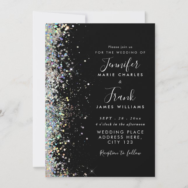Invitation Mariage Noir Paillettes Paillettes Holographiques  (Devant)