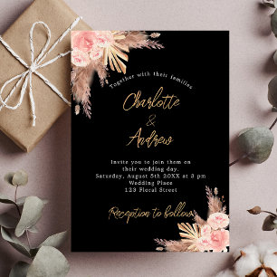 Invitation Mariage noir pampas herbe rose or fleurons boho