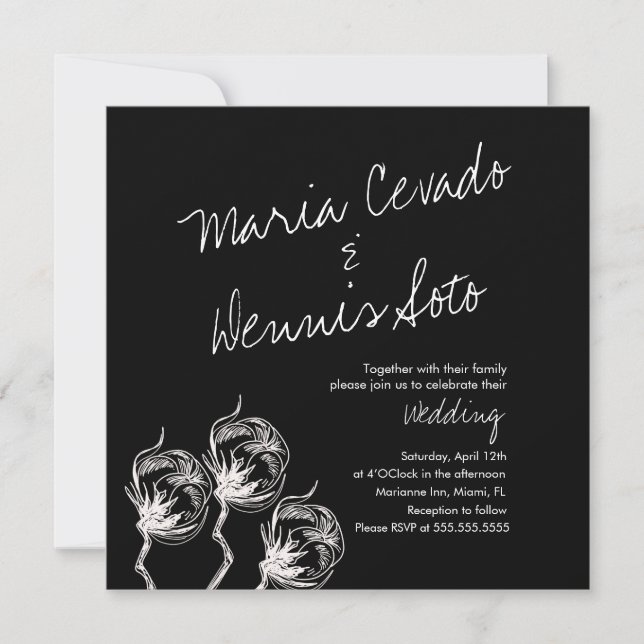 Invitation Mariage noir Plante en coton botanique (Devant)