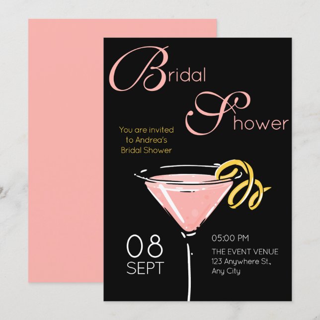 Invitation Mariage noir rose cocktail élégant shower (Devant / Derrière)