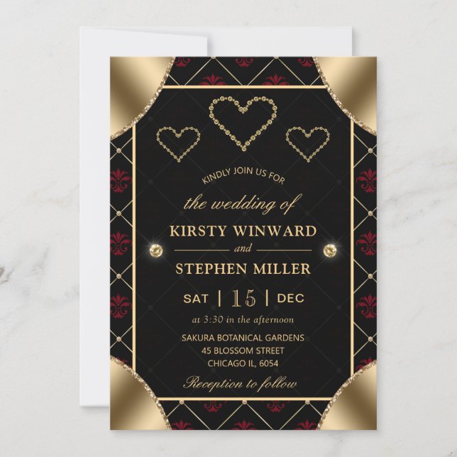 Invitation Mariage Noir & Rouge Motif & Diamants Or (Devant)