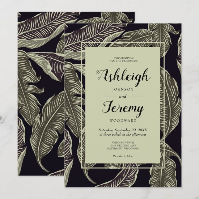 Invitation Mariage Noir Script Vert de Sauge Feuillage Tropic (Devant / Derrière)