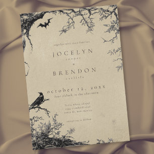 Invitation Mariage noir tan Gravure d'arbre de chauve-souris