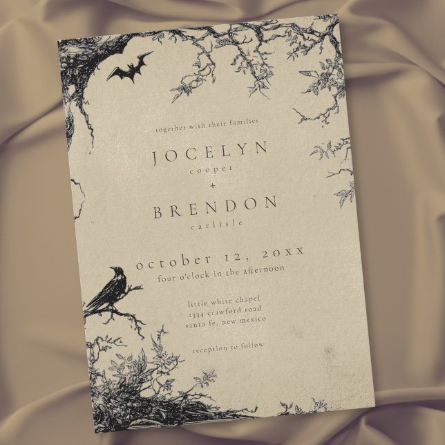 Invitation Mariage noir tan Gravure d'arbre de chauve-souris  (Gothic Raven Bat Tree Engraving Black Tan Wedding Invitation)