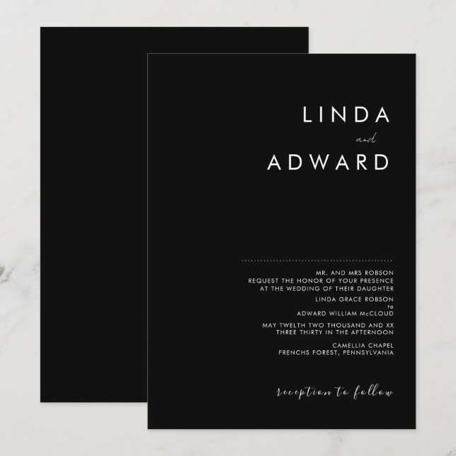 Invitation Mariage noir traditionnel minimaliste moderne (Devant / Derrière)