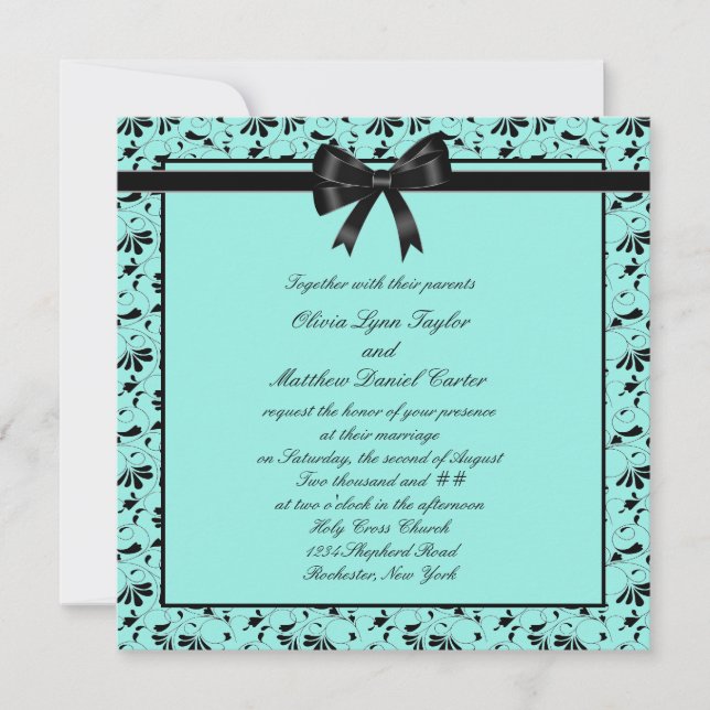Invitation Mariage Noir Turquoise Bleu Tourbillon (Devant)
