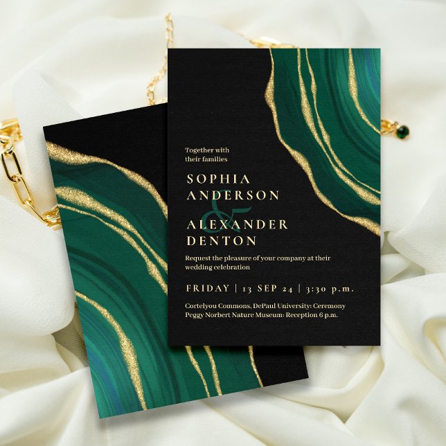 Invitation Mariage noir vert Lux agate (Créateur téléchargé)