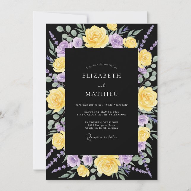 Invitation Mariage Noir Violet Ranunculus Eucalyptus Endémiqu (Devant)