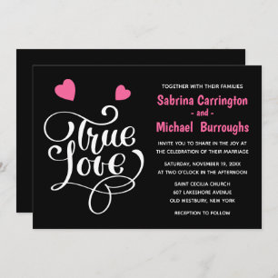 Invitation Mariage noir Vrai Amour Coeurs roses Typographie