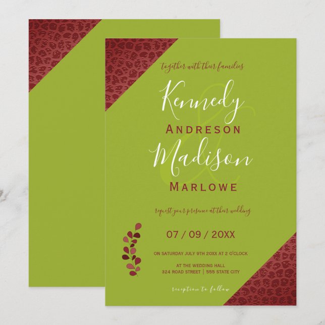 Invitation Mariage non binaire géométrique en cuir rouge (Devant / Derrière)