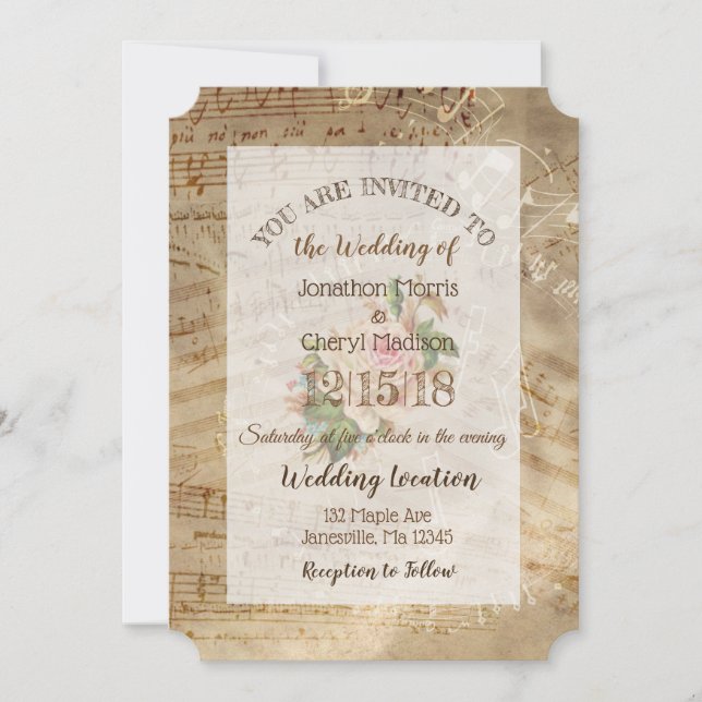 Invitation Mariage Notes musicales du Rose vintage (Devant)
