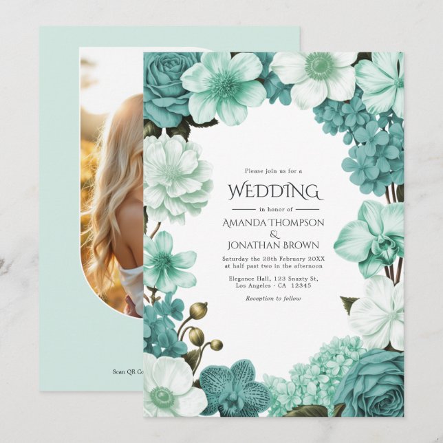 Invitation Mariage Nuage Menthe, Sarcelle Glacée et Ivoire Ve (Devant / Derrière)