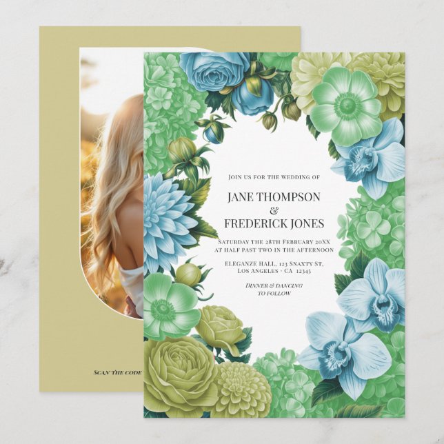 Invitation Mariage Nuance de Céladon, Fougère Douce et Bleu P (Devant / Derrière)