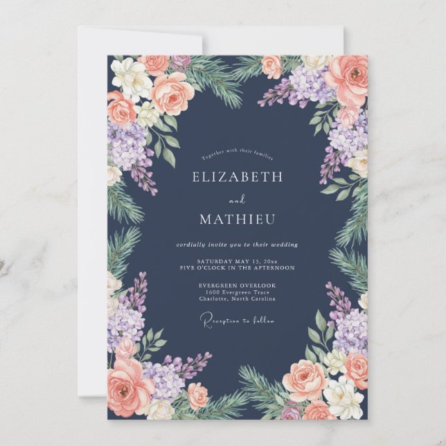 Invitation Mariage Nuit Bleu Marine Rose de Pin (Devant)