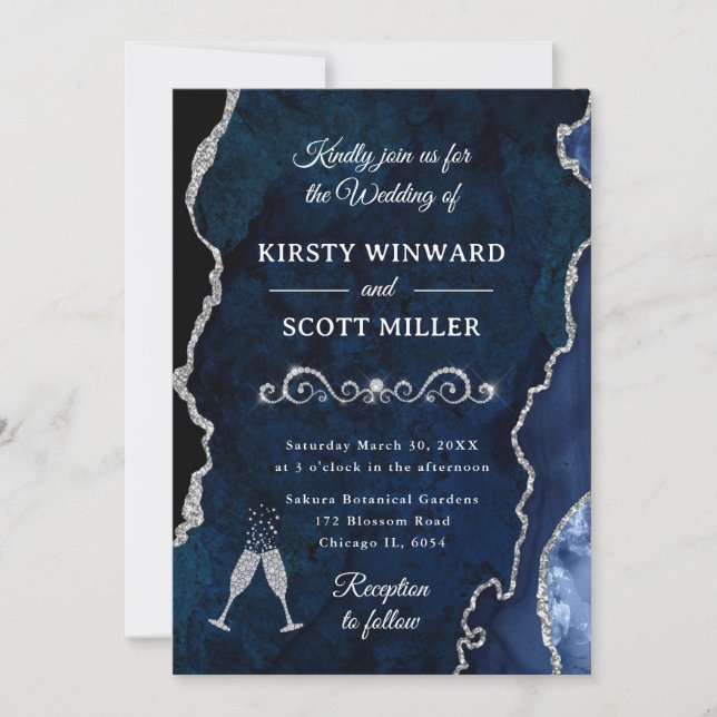 Invitation Mariage Nuit Bleu & Paillettes Argentées Agate & M (Devant)