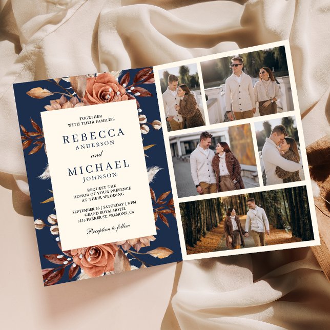 Invitation Mariage Nuit Bleue Code QR Floral Crème et Terraco (Créateur téléchargé)