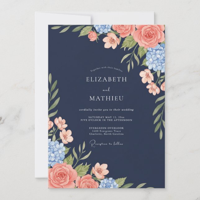Invitation Mariage Nuit Bleue Corail Eucalyptus (Devant)