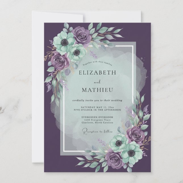 Invitation Mariage Nuit de Prune Améthyste et Pivoine (Devant)