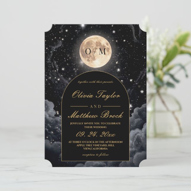 Invitation Mariage Nuit Étoilée Lune Céleste (Debout devant)
