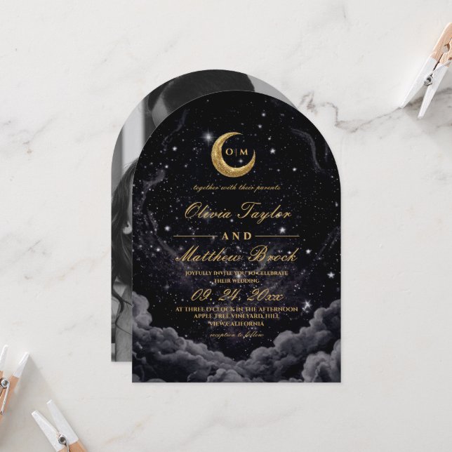 Invitation Mariage Nuit Étoilée Lune Céleste (Devant/Arrière en situation)