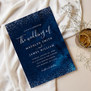 Invitation Mariage Nuit Étoilée Paillettes Bleu Marine Argent