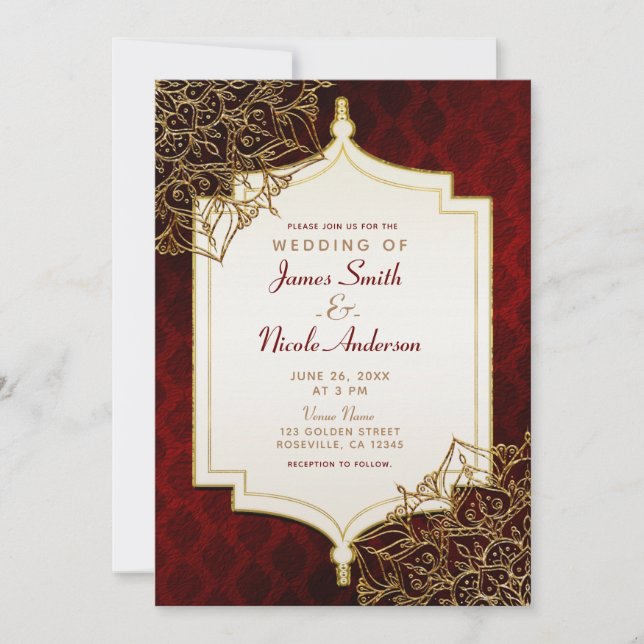 Invitation Mariage Nuit Morocaine Rouge Foncé et Or (Devant)