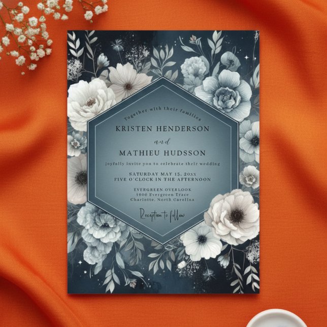 Invitation Mariage Nuit Tombe Florale Bleu Ardoise (Créateur téléchargé)