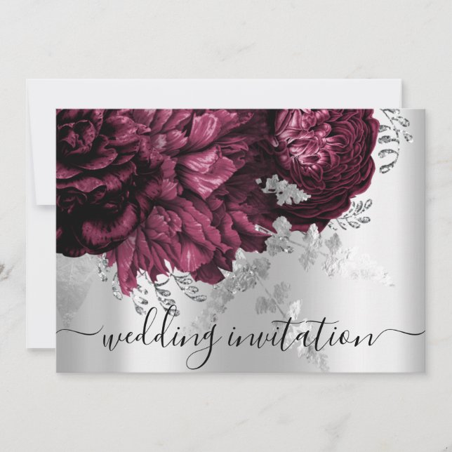 Invitation Mariage nuptiale Bourgogne Marsala Argent Floral (Devant)