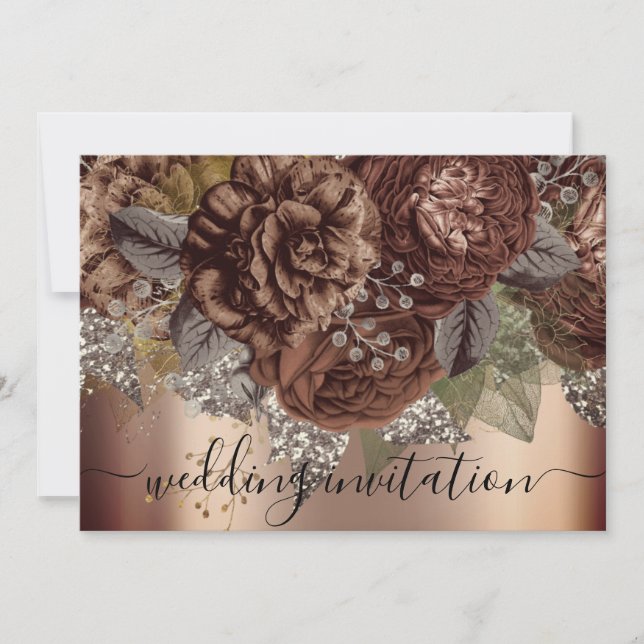 Invitation Mariage nuptiale Rose or Roses Brown argent (Devant)