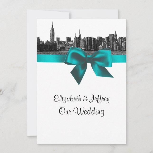 Invitation Mariage NYC Skyline large vue gravé BW sarcelle (Devant)