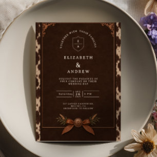 Invitation Mariage occidental en cuir de vache marron cuivré