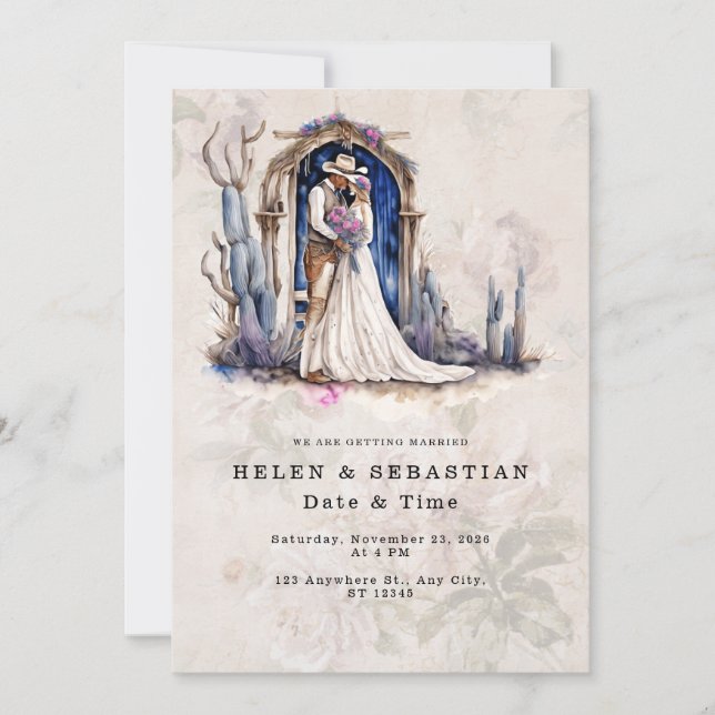 Invitation Mariage Occidental Floral Cowboy Mariage Rustique  (Devant)