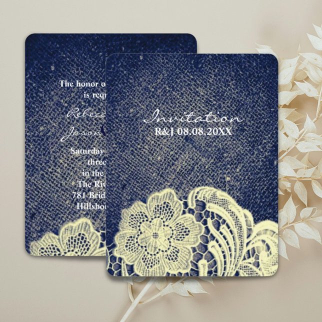 Invitation mariage occidental rustique bleu marine dentelle (rustic western country navy blue lace wedding invitation)