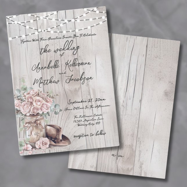 Invitation Mariage occidental rustique élégant avec décoratio (Elegant Rustic Wood String Lights Country Wedding Invitation)