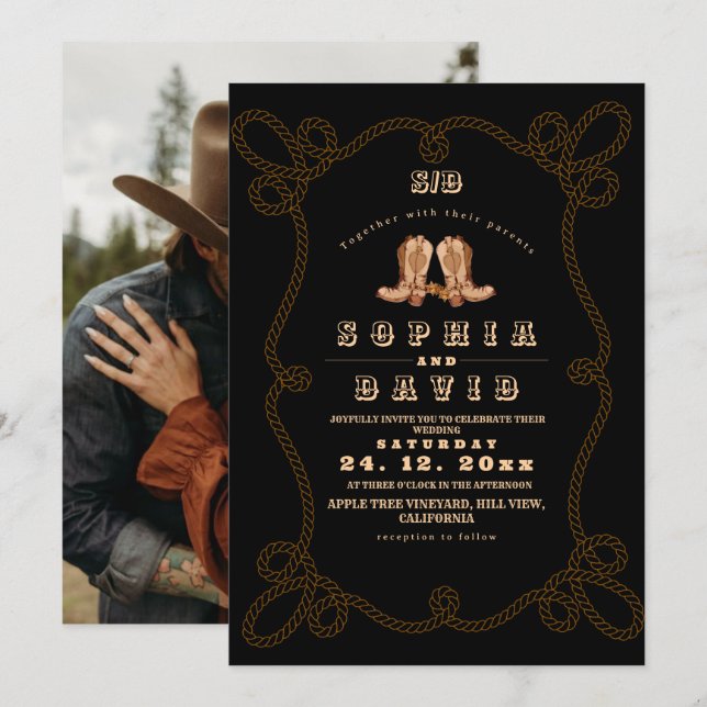 Invitation Mariage occidental rustique noir lunatique  (Devant / Derrière)